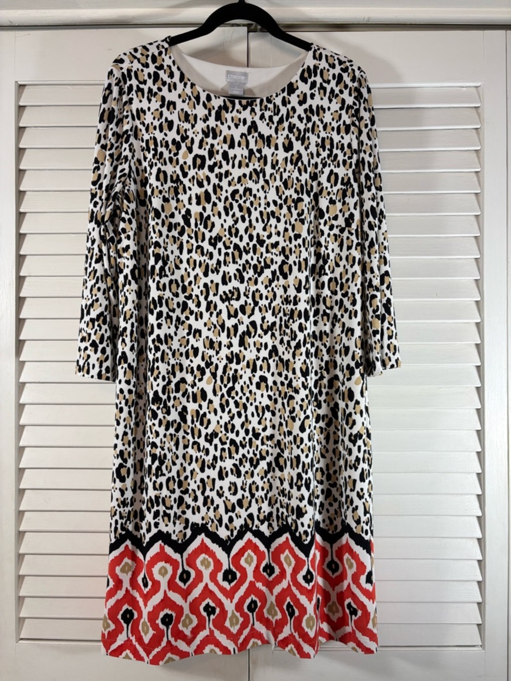 Chico’s Women’s Leopard Print Shift Dress Size 2 Large 3/4 Sleeve